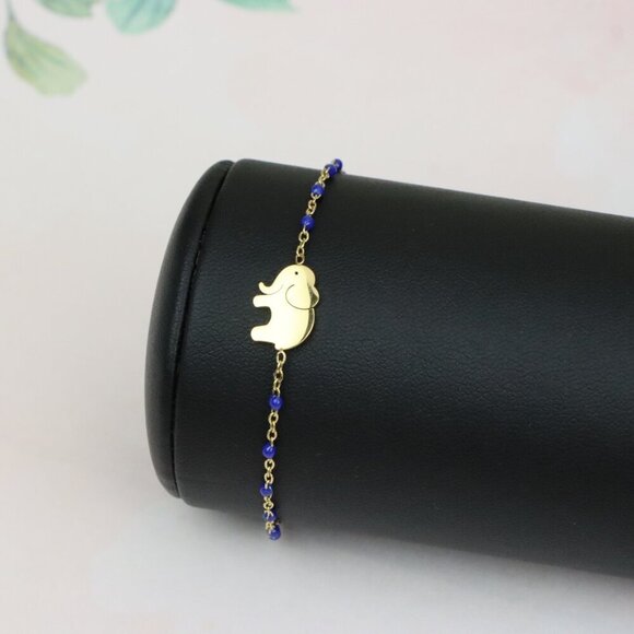 Charming Yellow Gold Plated Elephant Bracelet with Blue Beads, XPBL0621 - Picture 6 of 11